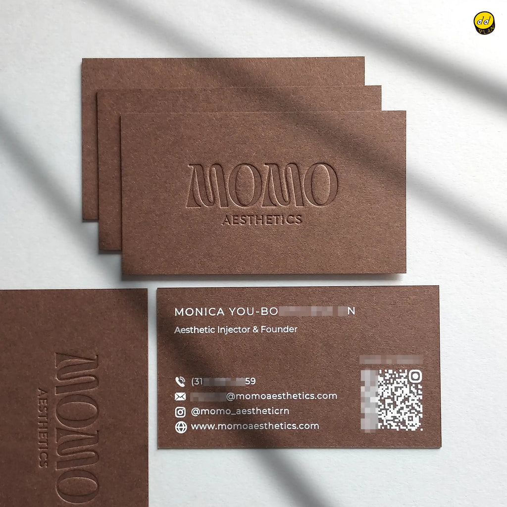 Order debossed brown business cards - premium white foil, QR code printing detail - OddPlanPrint