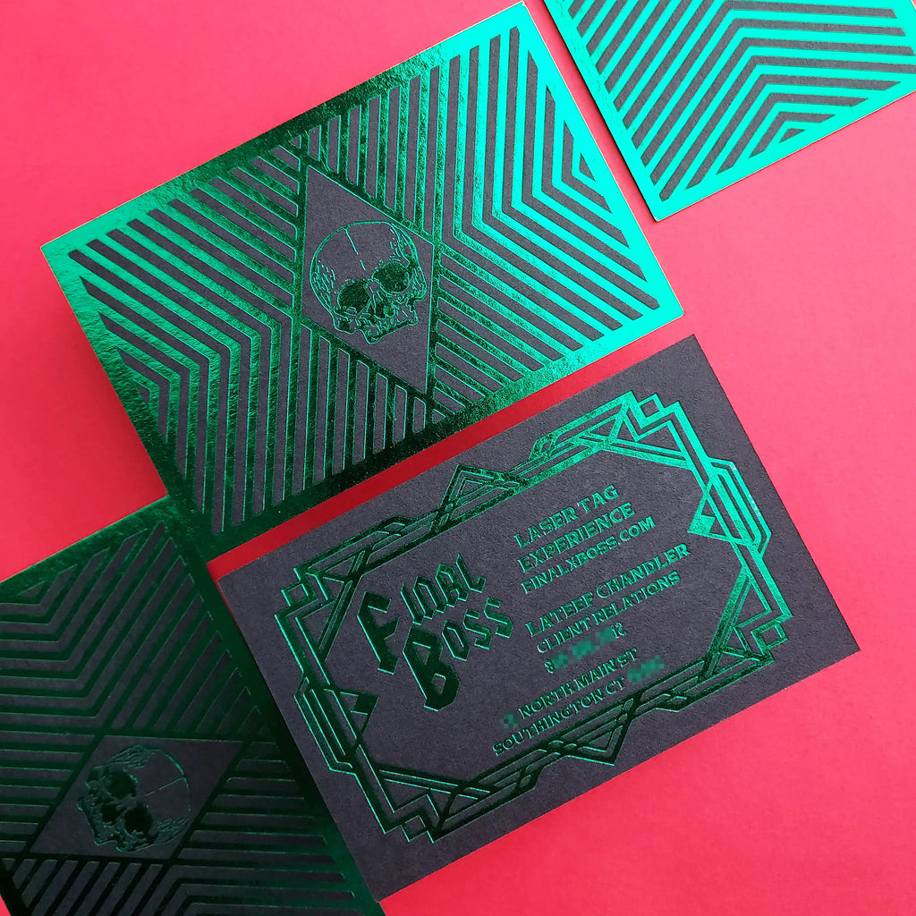 Buy Bold Custom Black Business Cards – Luxurious Green Foil | OddPlanPrint