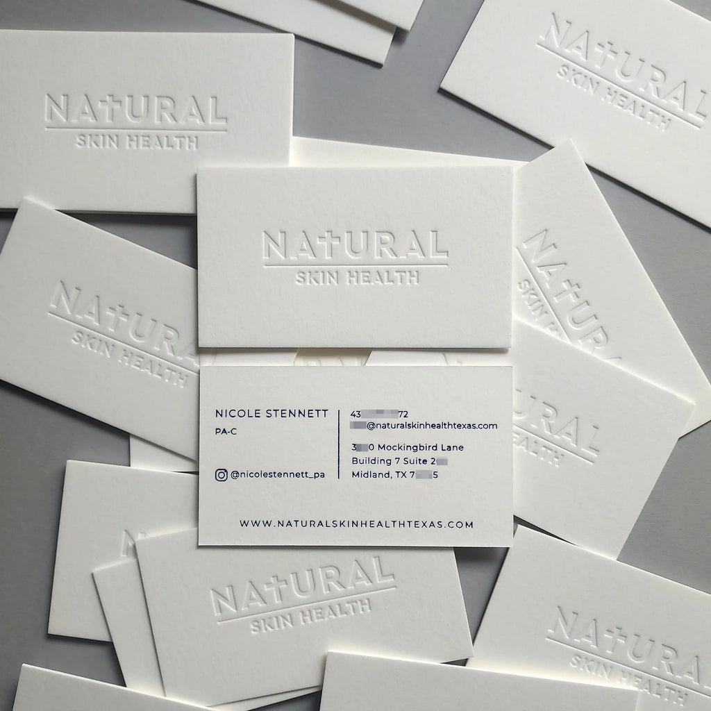 Buy Elegant Business Cards - cotton stock, deboss depth with blue foil highlight - OddPlanPrint