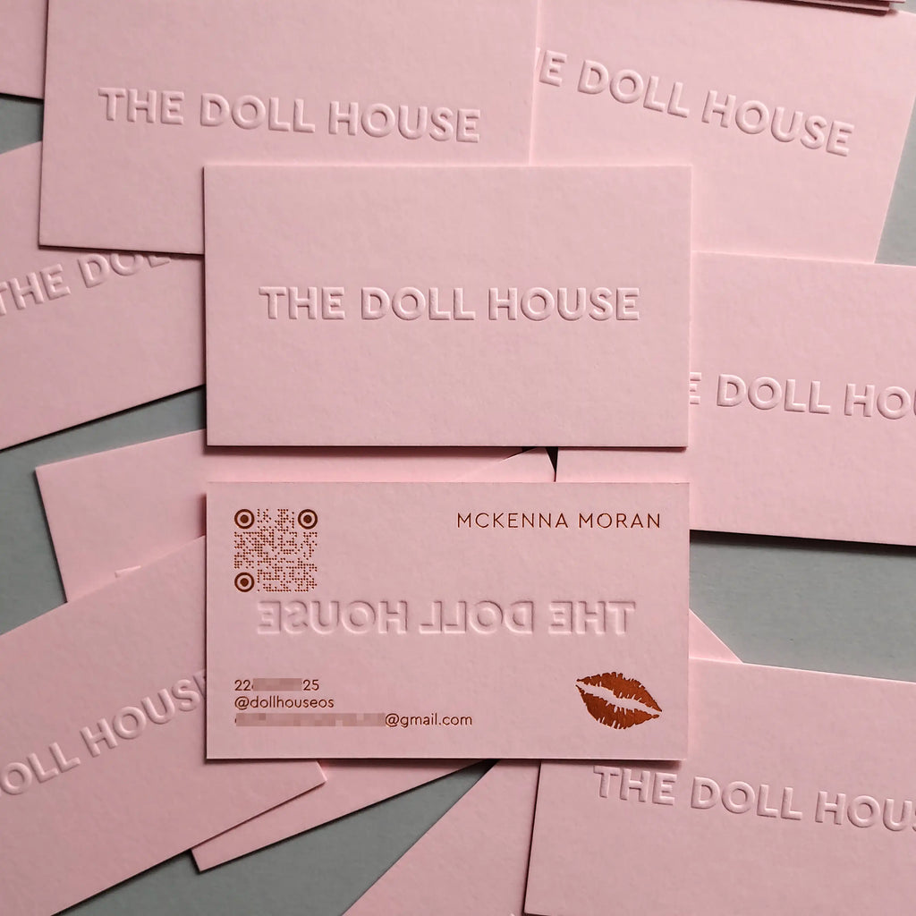 Order Premium 30pt pink business card with embossed design and shiny copper foil accents - OddPlanPrint